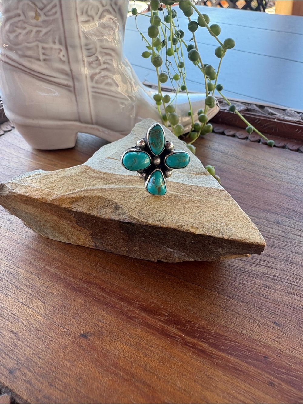 Artisan Signed NA Turquoise Floral Cluster Sterling Silver Ring 6.5